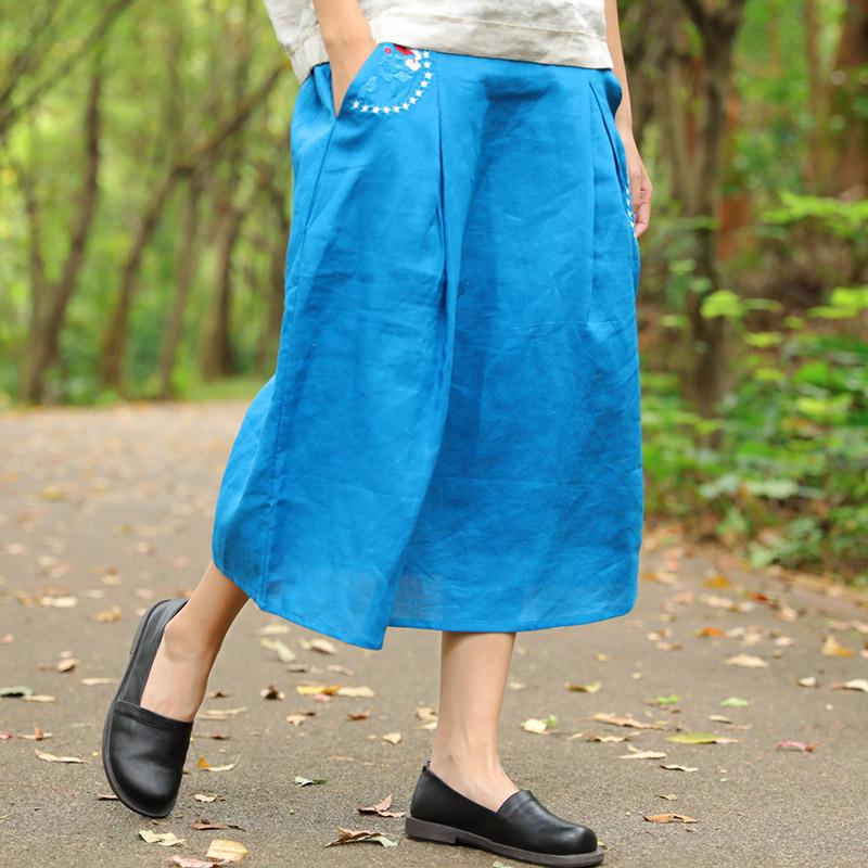 Loose Embroidered Calf Length Blue Women Skirt