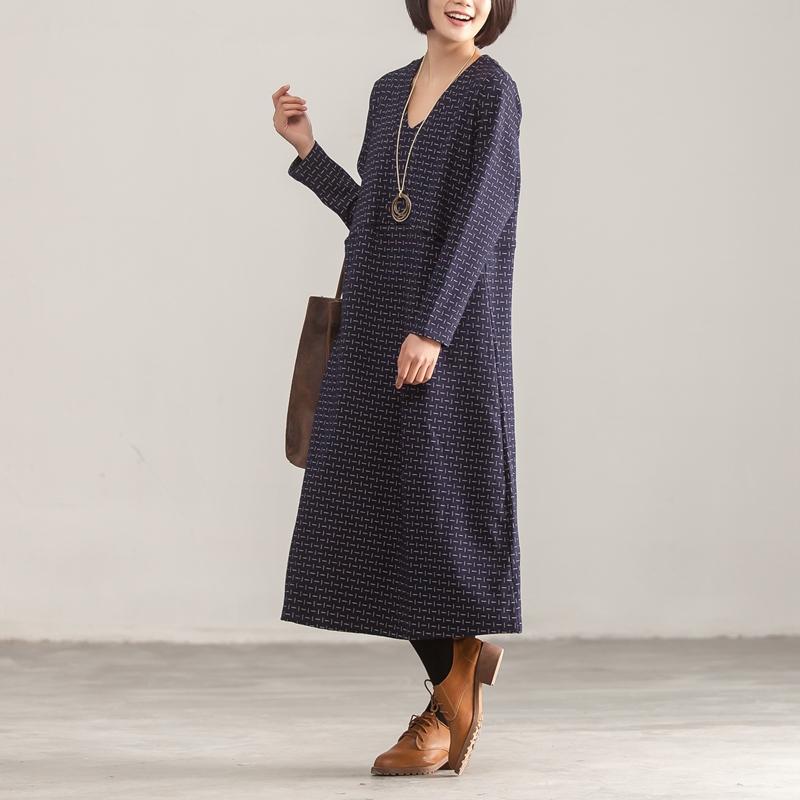 V Neck Long Sleeve Loose Women Printed Blue Dress