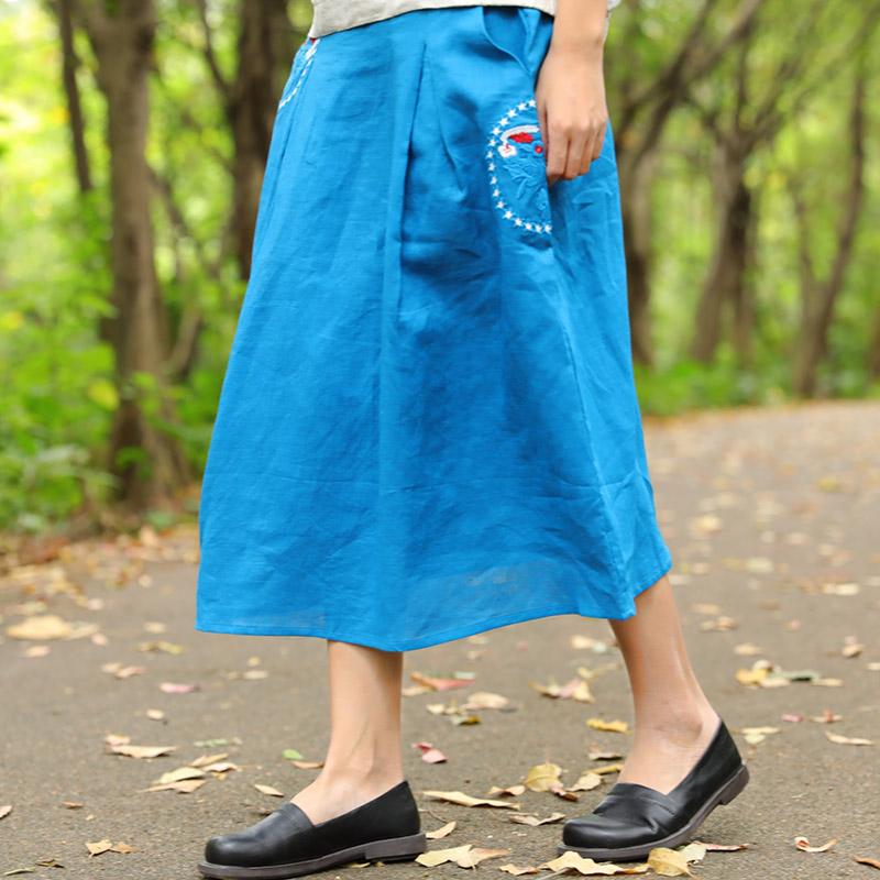 Unique Embroidery Calf Length Blue Women Skirt