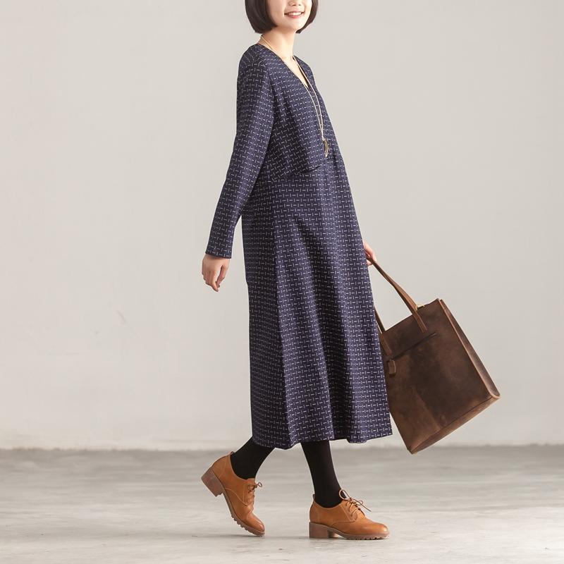 V Neck Long Sleeve Loose Women Printed Blue Dress