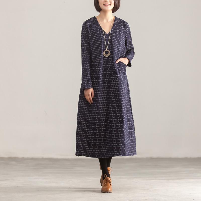 V Neck Long Sleeve Loose Women Printed Blue Dress