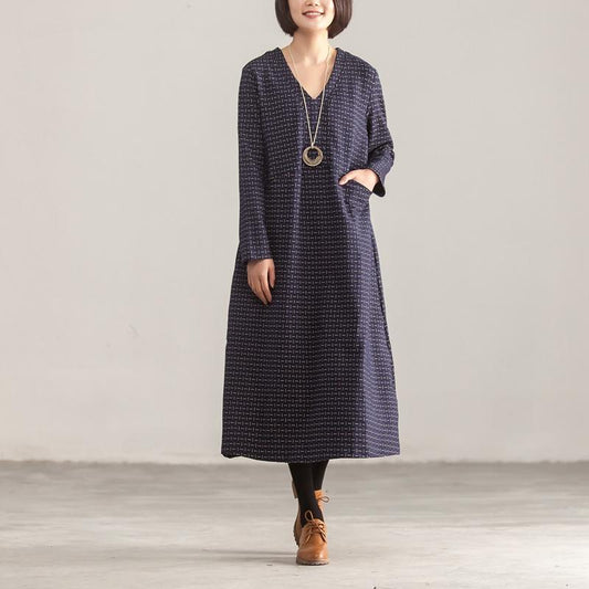 V Neck Long Sleeve Loose Women Printed Blue Dress
