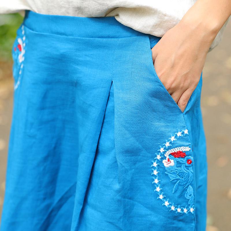 Unique Embroidery Calf Length Blue Women Skirt