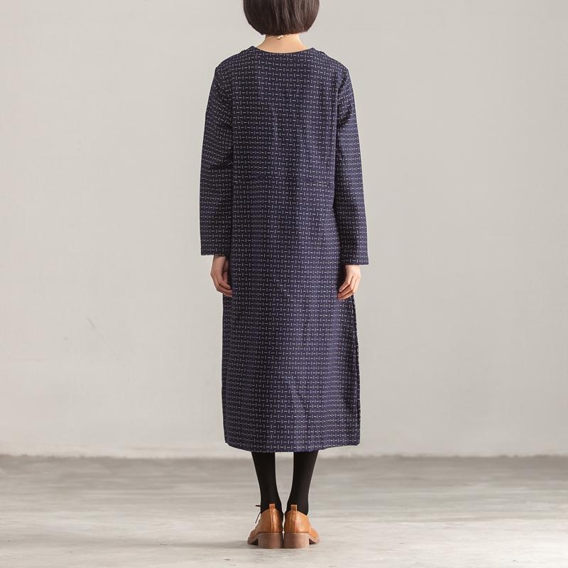 V Neck Long Sleeve Loose Women Printed Blue Dress