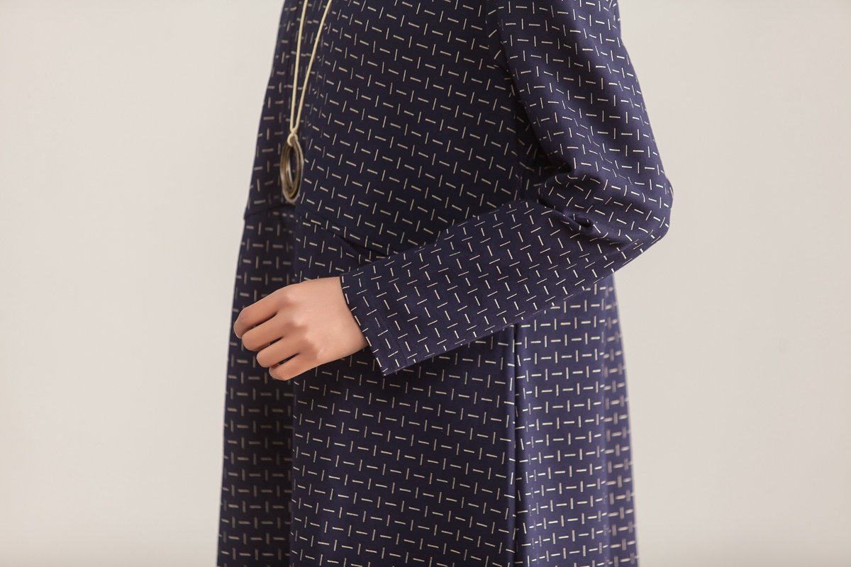 V Neck Long Sleeve Loose Women Printed Blue Dress