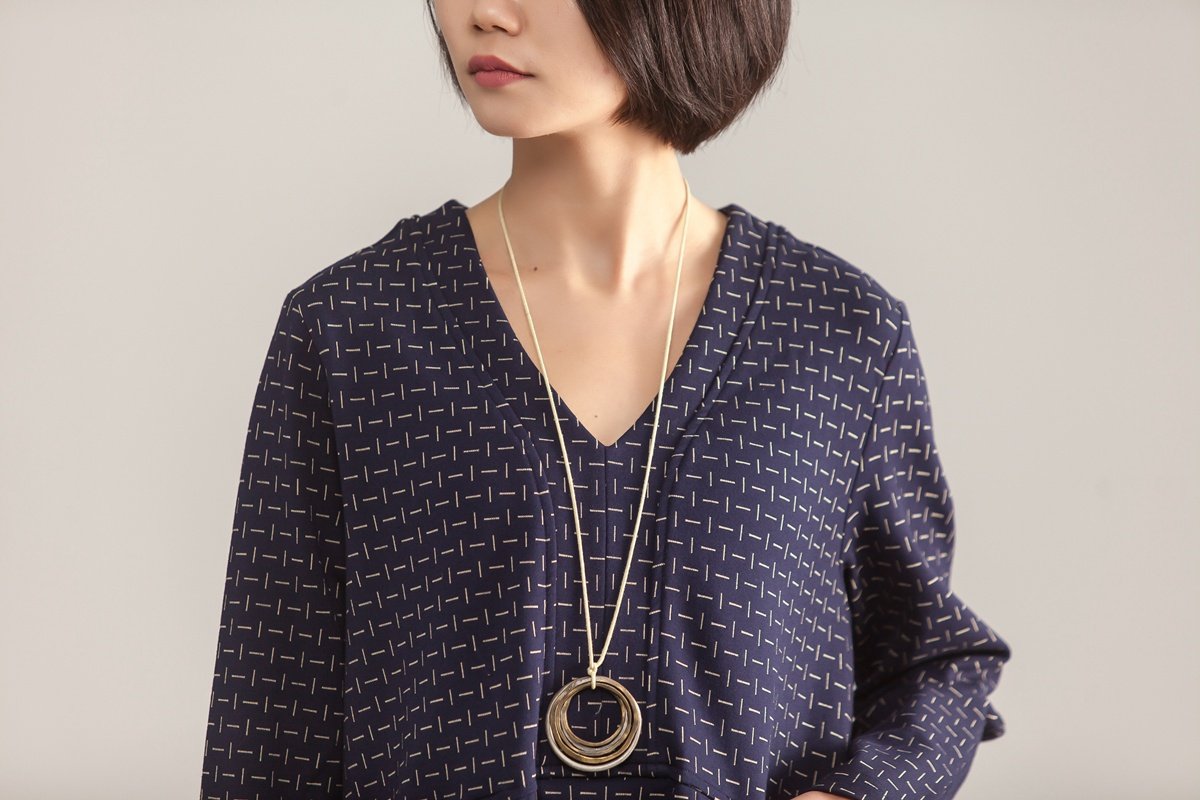 V Neck Long Sleeve Loose Women Printed Blue Dress