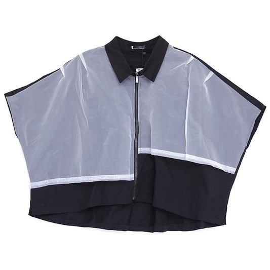Cotton Zipper Short Sleeve Loose Black Women Blouse