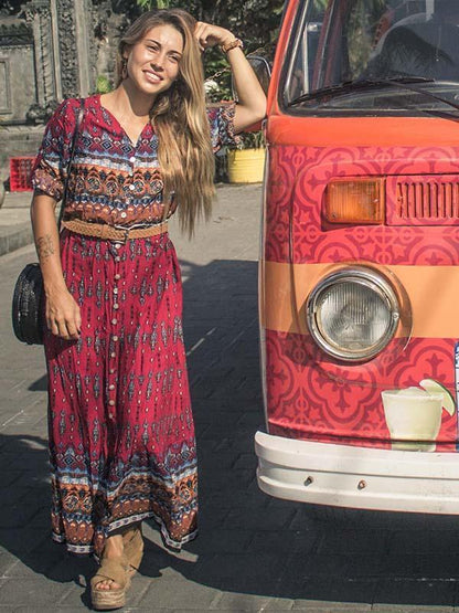 Beautiful Chiffon Bohemia Floral 3/4 Sleeve V Neck Maxi Dress 02