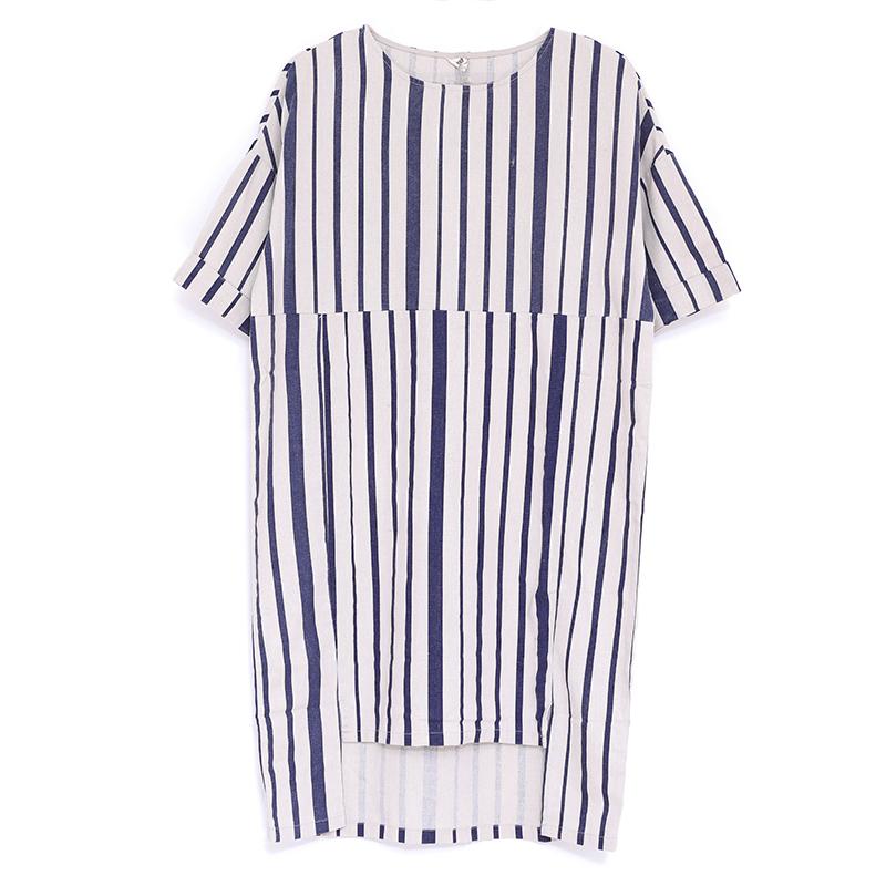 Women Summer Round Neck Short Sleeve Stripe Dress