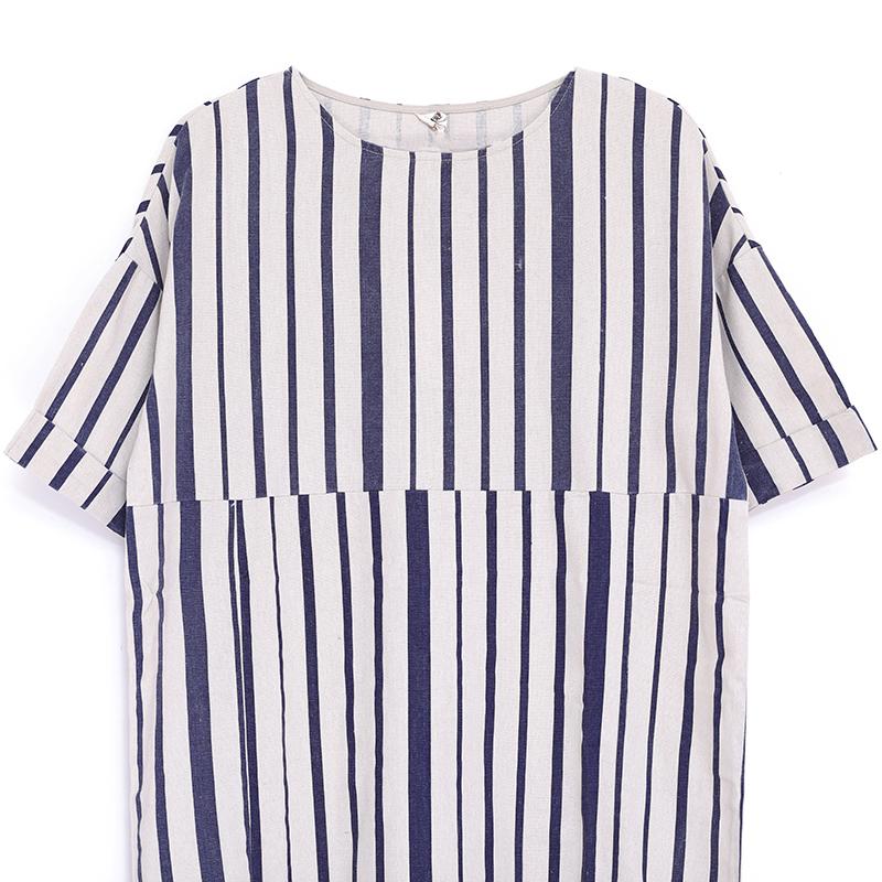 Women Summer Round Neck Short Sleeve Stripe Dress