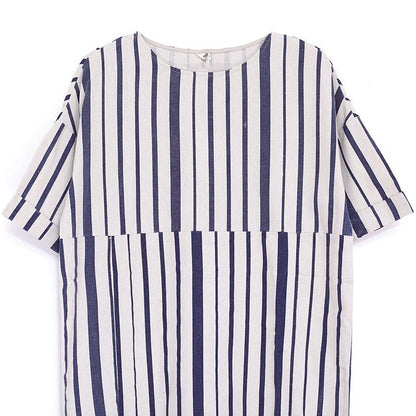 Women Summer Round Neck Short Sleeve Stripe Dress