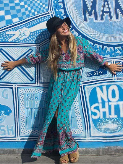 Pretty Bohemia Floral V Neck Half Sleeve Front Split Maxi Dress
