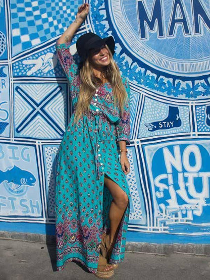Pretty Bohemia Floral V Neck Half Sleeve Front Split Maxi Dress