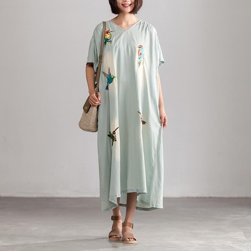 Summer Embroidery Casual Blue V neck Long Dress With Pockets
