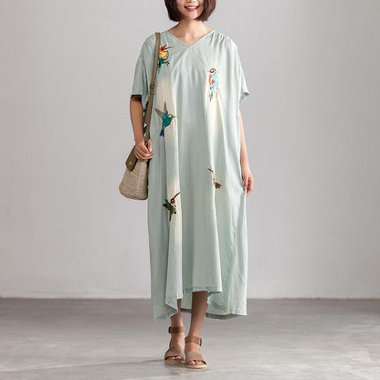 Summer Embroidery Casual Blue V neck Long Dress With Pockets