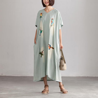 Summer Embroidery Casual Blue V neck Long Dress With Pockets