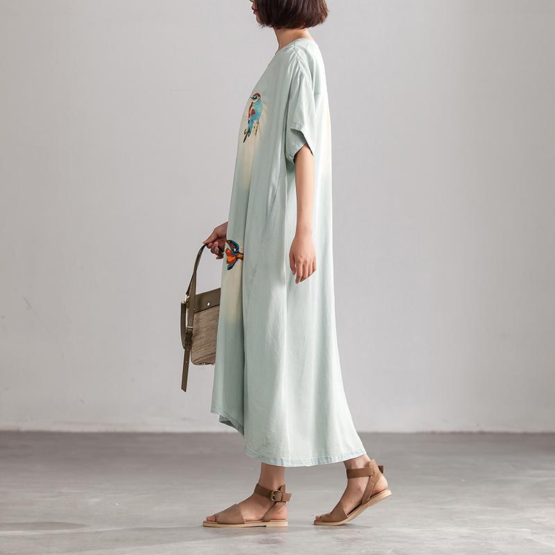 Summer Embroidery Casual Blue V neck Long Dress With Pockets