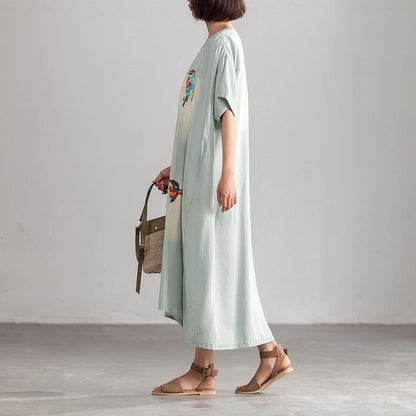 Summer Embroidery Casual Blue V neck Long Dress With Pockets