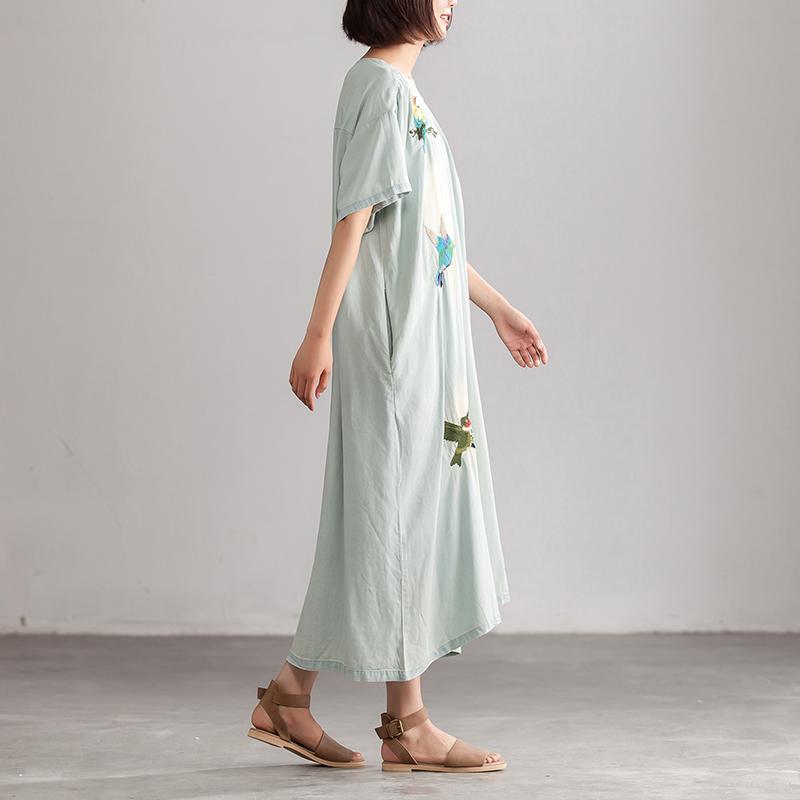 Summer Embroidery Casual Blue V neck Long Dress With Pockets