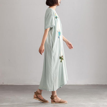 Summer Embroidery Casual Blue V neck Long Dress With Pockets