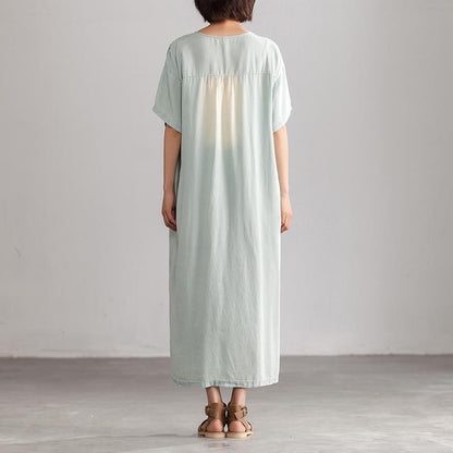 Summer Embroidery Casual Blue V neck Long Dress With Pockets