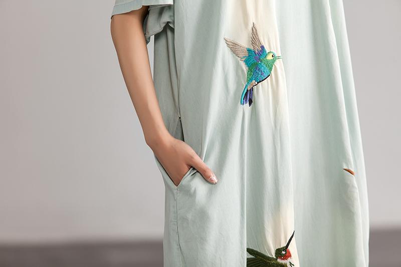 Summer Embroidery Casual Blue V neck Long Dress With Pockets