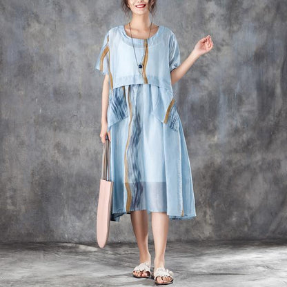 Summer Women Short Sleeve Pleated Beige Thin Dress