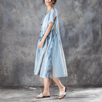 Summer Women Short Sleeve Pleated Blue Thin Dress