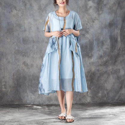 Summer Women Short Sleeve Pleated Blue Thin Dress