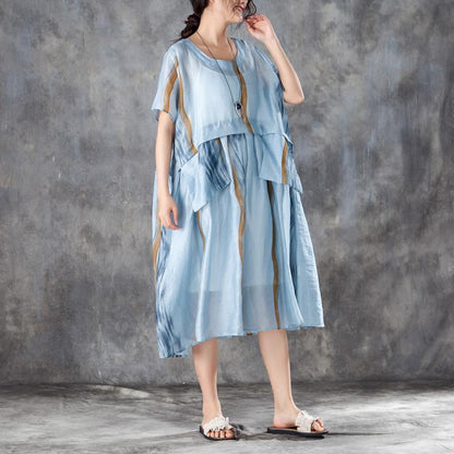 Summer Women Short Sleeve Pleated Blue Thin Dress