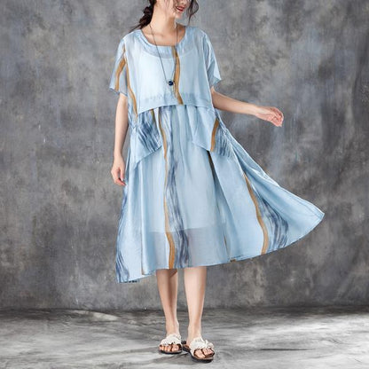 Summer Women Short Sleeve Pleated Beige Thin Dress
