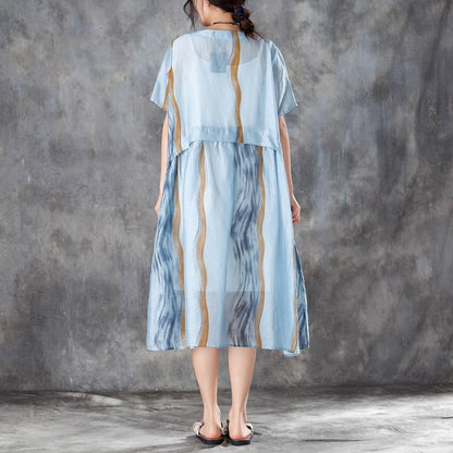 Summer Women Short Sleeve Pleated Blue Thin Dress