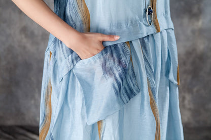 Summer Women Short Sleeve Pleated Blue Thin Dress