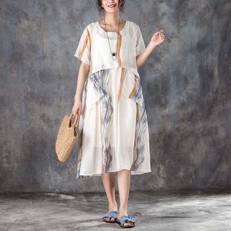 Summer Women Short Sleeve Pleated Beige Thin Dress