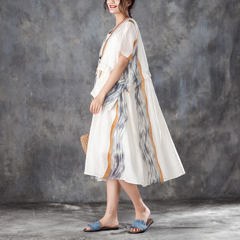 Summer Women Short Sleeve Pleated Beige Thin Dress