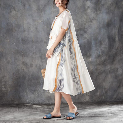 Summer Women Short Sleeve Pleated Beige Thin Dress