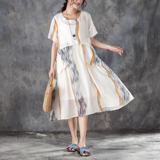 Summer Women Short Sleeve Pleated Beige Thin Dress