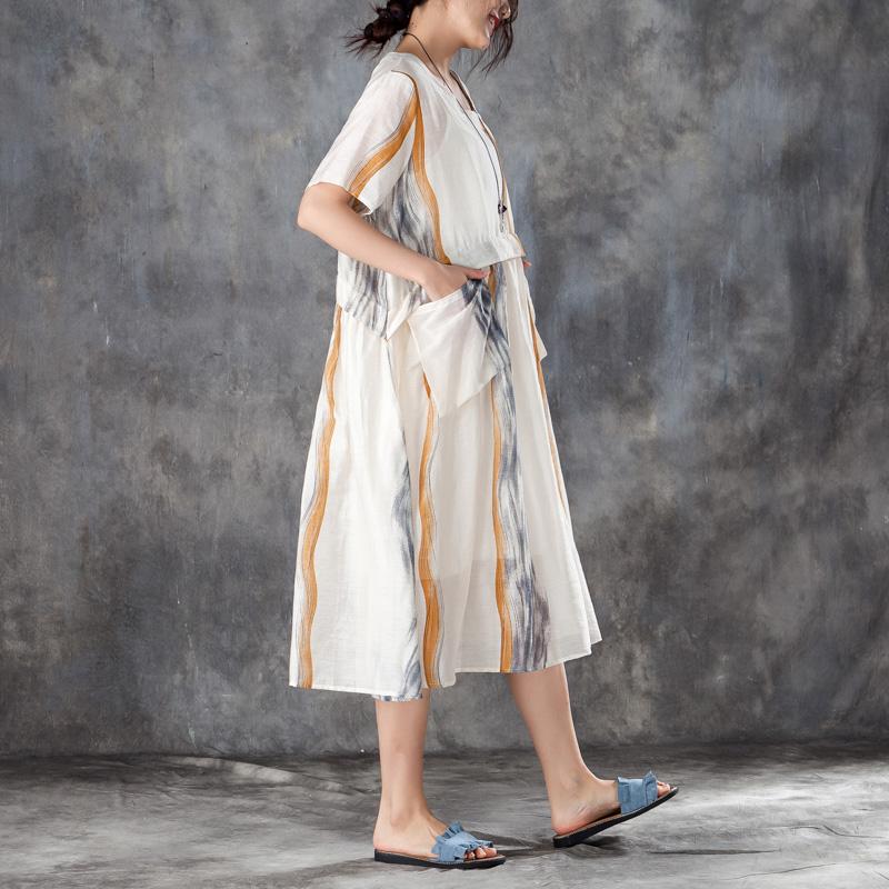 Summer Women Short Sleeve Pleated Beige Thin Dress