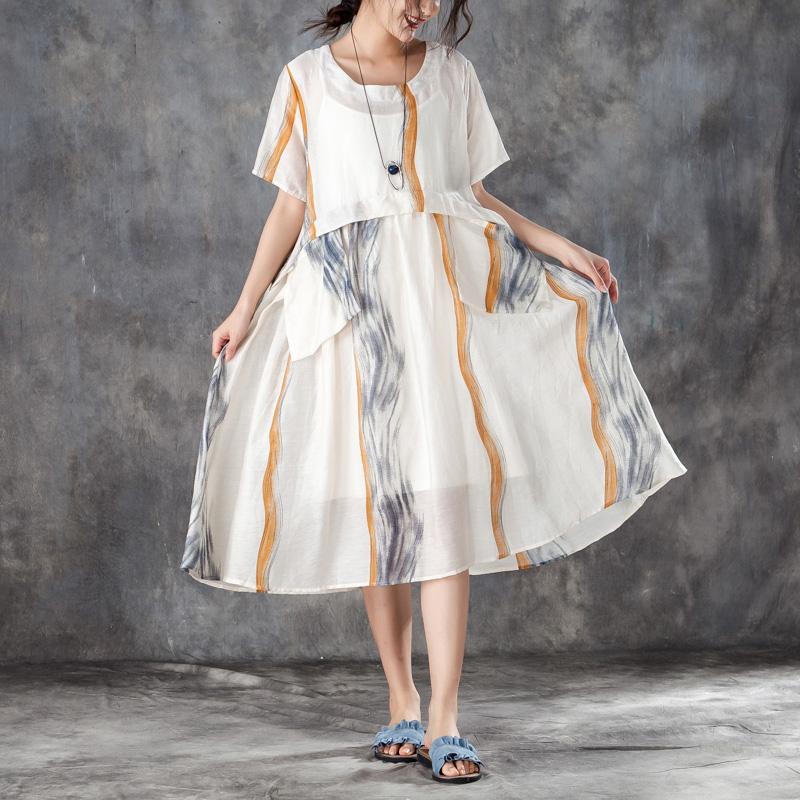 Summer Women Short Sleeve Pleated Beige Thin Dress