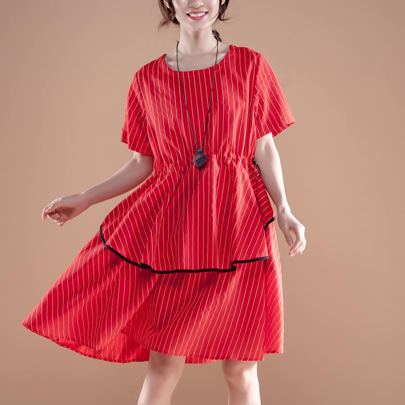 Stripe Short Sleeve Round Neck Drawstring Red Dress