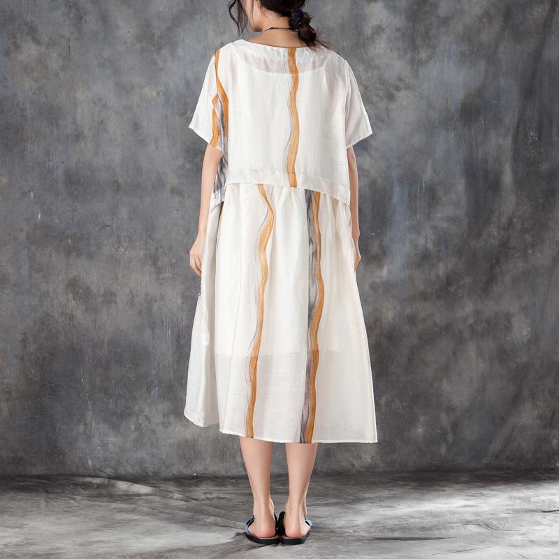 Summer Women Short Sleeve Pleated Beige Thin Dress