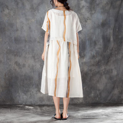 Summer Women Short Sleeve Pleated Beige Thin Dress