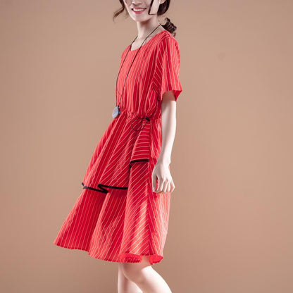 Stripe Short Sleeve Round Neck Drawstring Red Dress
