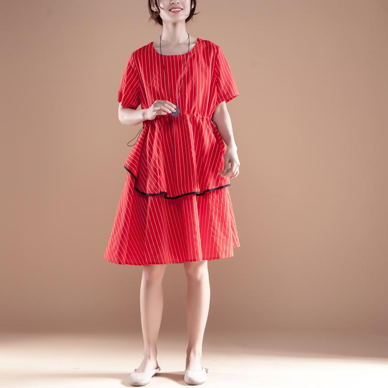 Stripe Short Sleeve Round Neck Drawstring Red Dress