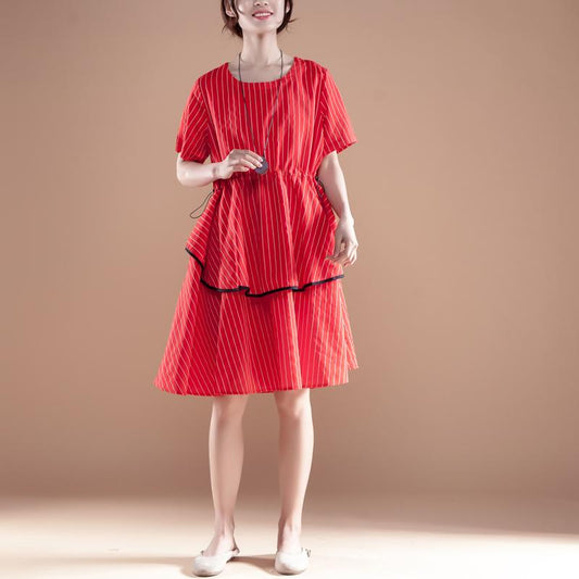 Stripe Short Sleeve Round Neck Drawstring Red Dress