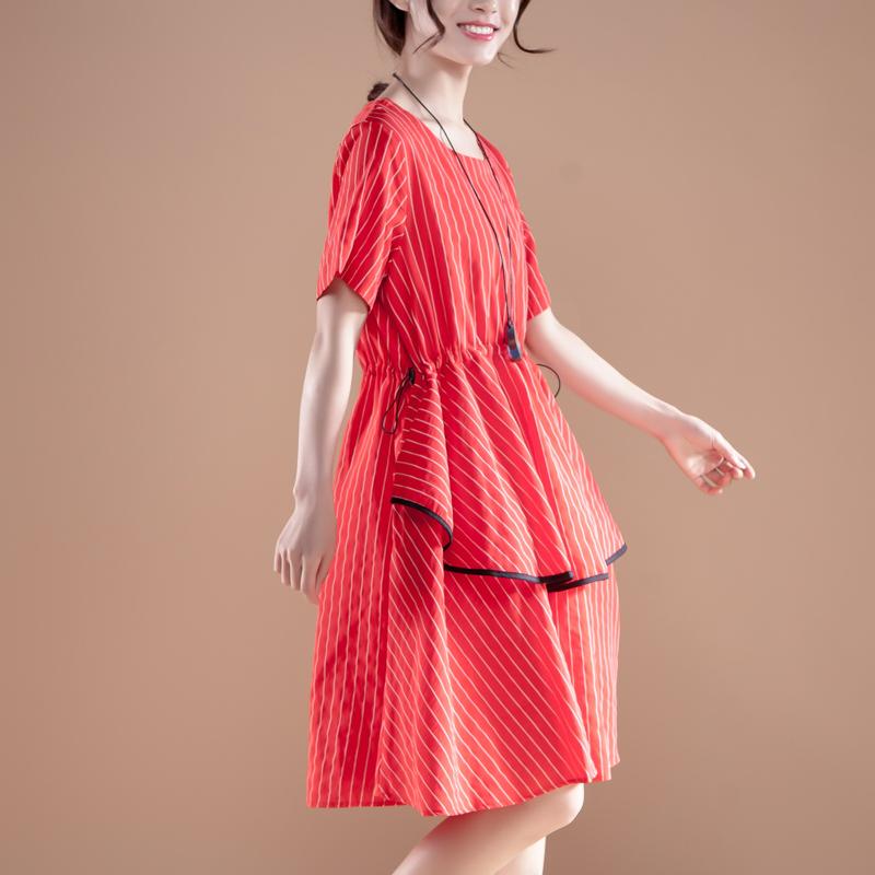 Stripe Short Sleeve Round Neck Drawstring Red Dress