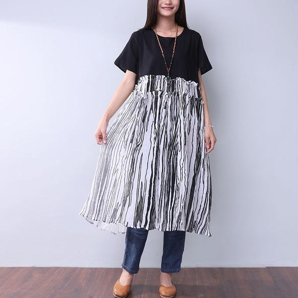 Summer Printing Women Folded Splicing White Dress