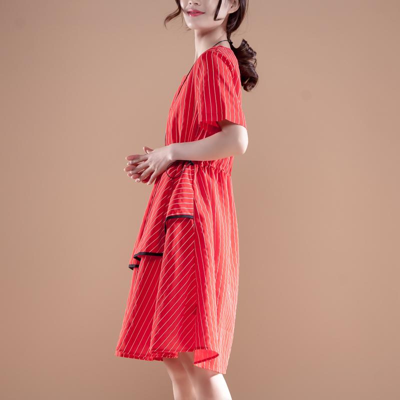 Stripe Short Sleeve Round Neck Drawstring Red Dress