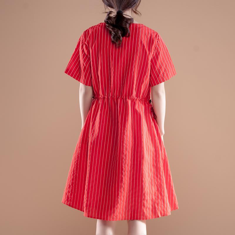 Stripe Short Sleeve Round Neck Drawstring Red Dress
