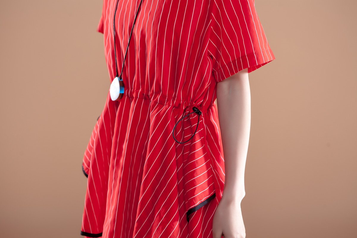 Stripe Short Sleeve Round Neck Drawstring Black Dress